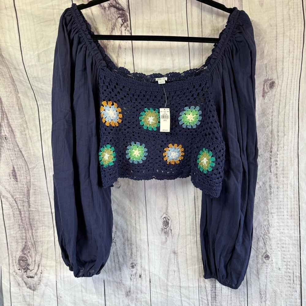 Aerie Navy Blue Crochet Floral Vacay Crop Top Bohemian Festival NWT
